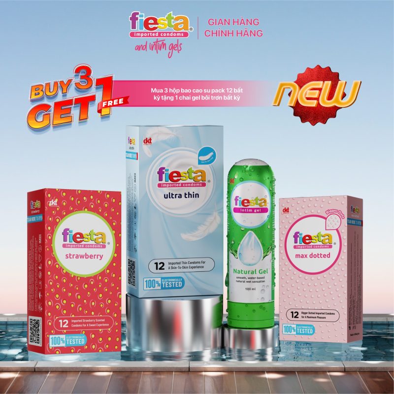 BUY 3 GET 1 - Mua 3 bao cao su Fiesta  pack 12 bất kỳ tặng 1 Fiesta Gel bất kỳ
